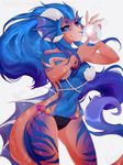  2018 5_fingers anthro blue_hair breasts clothed clothing curved_horn digital_drawing_(artwork) digital_media_(artwork) female hair horn marine navel solo spines standing vexstacy 