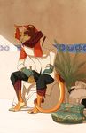  anthro bag blackpassion777 blue_eyes cat clothed clothing coat detailed_background domestic_cat feline flask front_view fully_clothed gloves grey_eyes holding_object humanoid_hands inside leaning male mammal pants plant potion scarf shirt sitting solo vase 