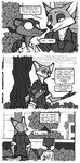  2018 anthro canine comic dialogue disney duke_weaselton english_text fox fur luraiokun male mammal monochrome mustelid necktie nick_wilde speech_bubble text tree weasel zootopia 