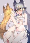  absurdres animal_ears ass bare_arms bare_legs bare_shoulders black_hair blonde_hair blush bra breasts cat_cutout cat_lingerie cleavage cleavage_cutout closed_eyes ezo_red_fox_(kemono_friends) fox_ears fox_tail gradient_hair grey_background highres holding_hands interlocked_fingers kemono_friends large_breasts meme_attire multicolored_hair multiple_girls omucchan_(omutyuan) panties side-tie_panties silver_fox_(kemono_friends) silver_hair simple_background sweatdrop tail underwear underwear_only white_bra white_panties yellow_eyes yuri 