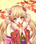  animal_ears bangs blonde_hair blurry blush bow brown_eyes catbell closed_mouth depth_of_field detached_sleeves eyebrows_visible_through_hair flower fur_collar hair_bow hair_flower hair_ornament hands_up head_tilt highres holding holding_leaf japanese_clothes kimono leaf long_hair long_sleeves looking_at_viewer maple_leaf obi original pink_bow print_kimono red_flower red_kimono sash smile solo twintails upper_body wide_sleeves 