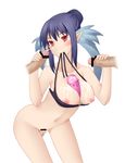  1girl areolae bare_shoulders between_breasts bikini blue_hair blush bottomless breasts breasts_outside cum cum_on_body cum_on_breasts cum_on_upper_body facial judith navel nipples penis pointy_ears red_eyes sex simple_background swimsuit tales_of_(series) tales_of_vesperia 