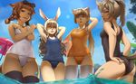 adjusting_clothes adjusting_swimsuit alternate_color_school_swimsuit animal_ears armpits arms_behind_head arms_up ass ball beach_umbrella beachball black_legwear blue_swimsuit bow braid brown_eyes brown_hair bunny_ears cat_ears covering covering_breasts curly_hair day dog_ears dog_tail elin_(tera) glasses groin hair_bow highres long_hair looking_back mavoly multiple_girls old_school_swimsuit one-piece_swimsuit one_eye_closed orange_swimsuit outdoors ponytail red_eyes ribbon school_swimsuit smile swimsuit tail tera_online thighhighs twin_braids twintails umbrella wading water white_legwear white_school_swimsuit white_swimsuit 