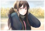  black_gloves blurry blush brown_hair closed_mouth commentary_request depth_of_field fur_trim gloves green_eyes highres hinoshita_akame idolmaster idolmaster_cinderella_girls long_hair looking_at_viewer shibuya_rin solo upper_body winter_clothes 