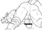  anthro anus balls blush butt canine erection looking_at_viewer mammal monochrome muscular nude penis presenting presenting_hindquarters simple_background urakata5x white_background 