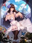  adapted_costume banner black_hair black_legwear blue_sky breasts bug butterfly choney cleavage cleavage_cutout clock clock_tower cloud commentary_request day dress flower girls_frontline gloves hair_flower hair_ornament highres insect jewelry large_breasts md5_mismatch qbz-95_(girls_frontline) ring rose single_glove sky thighhighs tower twitter_username wedding_band wedding_dress white_gloves yellow_eyes 