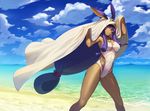  animal_ears arms_up beach bed_sheet blue_sky breasts cleavage cloud commentary competition_swimsuit covered_navel dark_skin day earrings facial_mark fate/grand_order fate_(series) highres hoop_earrings jackal_ears jewelry large_breasts long_hair looking_at_viewer low-tied_long_hair medjed nitocris_(fate/grand_order) nitocris_(swimsuit_assassin)_(fate) ocean one-piece_swimsuit outdoors potato_(sksnabi) purple_eyes purple_hair sand sky smile solo swimsuit very_long_hair water white_swimsuit 