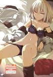  absurdres ano_issho_ni_bukatsu_shimasen_ka? bangs bare_shoulders bed_sheet blonde_hair bra breasts character_request closed_mouth dengeki_bunko eyebrows_visible_through_hair highres long_sleeves looking_at_viewer lying medium_breasts navel on_back on_bed oota_yuuichi page_number panties purple_bra purple_panties red_eyes red_skirt scan short_hair skirt skirt_removed smile socks solo underwear underwear_only undressing 