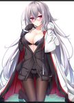  azur_lane black_bra black_shirt blush bra breasts cleavage commentary_request cross eyebrows_visible_through_hair graf_zeppelin_(azur_lane) hair_between_eyes hand_on_shoulder highres jacket jacket_on_shoulders kneeling long_hair looking_at_viewer medium_breasts panties panties_under_pantyhose pantyhose red_eyes shirt silver_hair simple_background solo underwear water white_panties yoye_(pastel_white) 