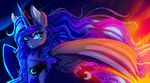  2018 absurd_res blue_eyes cosmic_hair crown cutie_mark equine eyelashes eyeshadow feathered_wings feathers female fire friendship_is_magic gradient_background hair hi_res horn inner_ear_fluff long_hair makeup mammal mascara my_little_pony plaguedogs123 portrait princess_luna_(mlp) simple_background solo star teeth three-quarter_portrait winged_unicorn wings 
