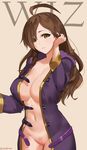  absurdres ahoge areola_slip areolae bad_revision breasts brown_hair censored_revision character_name commentary_request covered_nipples cowboy_shot dress eyebrows_visible_through_hair eyes_visible_through_hair hair_over_one_eye hair_tucking highres hood huge_breasts kono_subarashii_sekai_ni_shukufuku_wo! light_smile long_hair looking_at_viewer md5_mismatch naked_shirt navel nude open_clothes open_dress open_robe parted_lips purple_dress pussy robe sendrawz shirt smile solo stomach twitter_username uncensored wiz_(konosuba) yellow_eyes 