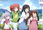  4girls absurdres alternate_hairstyle black_hair blue_eyes blush bow brown_eyes brown_hair collarbone day eyebrows_visible_through_hair hair_bow highres huge_filesize ichijou_hotaru koshigaya_komari koshigaya_natsumi long_hair looking_at_another miyauchi_renge multiple_girls non_non_biyori ogipote open_mouth outdoors page_number parted_lips purple_hair red_eyes red_hair road road_sign scan shirt sign t-shirt teeth triangle_mouth twintails yellow_bow 