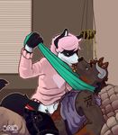  2017 anthro canine clothing digital_media_(artwork) duo hair horn kissing male male/male mammal open_mouth pink_hair scarf siriuswolfus 