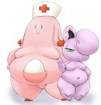  blush breasts chansey deb_(nyquil) deep_navel dreadlocks duo ear_piercing featureless_breasts featureless_crotch female grace_(nyquil) green_eyes hair hair_over_eye hand_on_hip hat humanoid jigglypuff middle_finger mostly_nude naked_hat navel nintendo not_furry nude nurse_hat nyquil overweight overweight_female piercing pink_skin pok&eacute;mon pok&eacute;mon_(species) pok&eacute;morph pouch_(anatomy) purple_skin shiny_pok&eacute;mon short_stack simple_background smile sr standing thick_thighs video_games white_background 