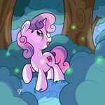  2018 cub cute cutie_mark equine eyelashes female firefly forest friendship_is_magic full-length_portrait grass green_eyes hair hi_res horn looking_away looking_up mammal multicolored_hair my_little_pony nature open_mouth open_smile outside plant portrait shadow shrub smile solo standing sweetie_belle_(mlp) tree two_tone_hair unicorn vaetan young 