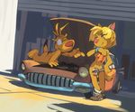  2016 anthro canine car cloth clothing convenient_censorship deep_navel dingo duo edtropolis female footwear garage group hi_res male mammal marsupial naomi_(ty) navel shazza shoes sly_(ty) stripes thylacine tools ty_(character) ty_the_tasmanian_tiger vehicle video_games wrench 