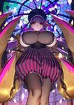  absurdres belt_collar bow breasts daye_bie_qia_lian fate/extra fate/extra_ccc fate/grand_order fate_(series) from_below hair_ribbon highres huge_breasts long_hair looking_down passion_lip purple_hair red_eyes ribbon solo very_long_hair 