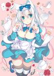  :o animal_ears blue_eyes blush bow breasts card cat_ears cat_tail cleavage cup flower hair_bow highres jewelry key looking_at_viewer medium_breasts original paw_pose pendant playing_card rose satsuki_mayuri short_hair solo striped striped_legwear tail teacup teapot thighhighs white_hair 