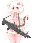  ammunition_belt animal_ears brown_eyes commentary_request cow eyebrows_visible_through_hair gloves gun hair_ornament hairclip hand_up highres ichigotofu kemono_friends looking_at_viewer m60 machine_gun medium_hair neck_ribbon pig_(kemono_friends) pig_ears pig_tail pink_legwear pink_ribbon puffy_short_sleeves puffy_sleeves ribbon short_sleeves simple_background smile solo tail thighhighs weapon white_background white_gloves white_hair zettai_ryouiki 