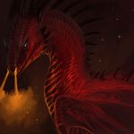  allagar ambiguous_gender back_spikes blue_eyes detailed_background dragon feral fire fire_breathing fire_dragon head_spikes horn looking_at_viewer membranous_wings portrait red_scales scales scalie solo western_dragon wings 