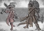  2018 anthro armor barefoot boots chest_tuft claws clothed clothing dual_wielding duo female flintlock flintlock_pistol foot_wraps footwear frill gun handgun hat helmet holding_object holding_weapon lagomorph lizard male mammal melee_weapon pauldron pistol rabbit ranged_weapon rapier reptile restricted_palette scalie sprinkah standing sword tail_armor tuft weapon wraps 