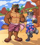  2018 absurd_res anthro blonde_hair brown_fur brown_hair canine clothed clothing dog eyewear fur german_shepherd glasses hair hammer_(character) hi_res male mammal muscular neil_(character) nipples procyonid raccoon simple_background size_difference topless vasuki 