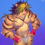  abs absurd_res anthro bada-butterfly biceps big_muscles clothing digital_media_(artwork) feline fur hair hi_res kemono lion magan male mammal muscular muscular_male navel nipples nude pecs penis pubes simple_background solo standing stripes tiger tokyo_afterschool_summoners 