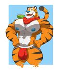  anthro blue_nipples blue_nose bulge cereal clothing feline food frosted_flakes jockstrap kartos male mammal mascot muscular muscular_male nipples solo tiger tony_the_tiger underwear 