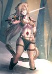  2018 animal_humanoid armor bakki blonde_hair breasts cat_humanoid clothed clothing detailed_background digital_media_(artwork) feline female hair holding_object holding_weapon humanoid mammal melee_weapon smile snow snowing solo sword unconvincing_armor under_boob weapon 