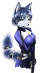  2018 anthro belt big_breasts black_nose blue_fur blue_hair bodysuit breasts canine clothing female fox fur green_eyes gun hair hi_res krystal mammal nejinoki nintendo ranged_weapon short_hair simple_background skinsuit solo star_fox tailband tight_clothing trigger_discipline video_games weapon white_fur 