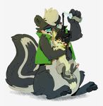  2013 3_toes 4_fingers ambiguous_gender anthro black_fur black_nose black_pawpads blue_eyes bottle bottomless canine clothed clothing digital_drawing_(artwork) digital_media_(artwork) duo featureless_crotch firr floe_(character) fur goo_transformation green_vest hair hi_res hindpaw liquid liquid_latex male mammal multicolored_fur nude orange_eyes pawpads paws rubber shiny sillyme simple_background skunk toes tongue tongue_out transformation two_tone_fur vest white_background white_fur white_hair wolf 