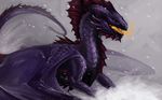  allagar ambiguous_gender detailed_background dragon feral fire fire_breathing fire_dragon horn markings membranous_wings nature outside purple_eyes purple_scales red_markings scales scalie sharp_teeth snow snowing solo spread_wings standing teeth western_dragon wings 