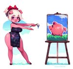  2017 anthro bow clothed clothing cyancapsule ear_piercing emelie female hair hi_res holding_object looking_at_viewer mammal paintbrush painting piercing pig porcine purple_eyes solo white_hair 