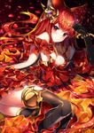  absurdres animal_ears anthuria ass backless_outfit bare_shoulders black_legwear blush breasts detached_sleeves dress erune granblue_fantasy hair_ornament highres homaderi looking_at_viewer medium_breasts petals red_dress red_eyes red_hair smile solo thighhighs 