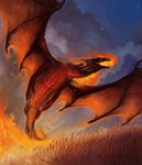  allagar ambiguous_gender black_scales claws cloud countershading detailed_background dragon feral fire fire_breathing fire_dragon flying grass horn membranous_wings outside red_countershading red_scales scales scalie sky smokes solo western_dragon wings yellow_eyes 