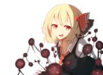  arms_behind_back blonde_hair darkness eyebrows_visible_through_hair hair_ribbon looking_at_viewer necktie open_mouth pran_(nipura) red_eyes red_neckwear red_ribbon ribbon rumia simple_background smile solo touhou vest white_background 