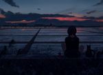  black_hair can cat city cloud cloudy_sky commentary facing_away from_behind grass guweiz highres indian_style long_hair original outdoors rice_paddy shirt shorts sitting sky solo sunset twilight twintails wide_shot 