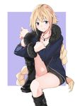  absurdres amu_(258shin) bangs belt_boots black_footwear black_shirt blonde_hair blue_eyes blue_jacket blush boots braid closed_mouth commentary_request eyebrows_visible_through_hair fate/apocrypha fate/grand_order fate_(series) fur-trimmed_jacket fur-trimmed_sleeves fur_trim highres jacket jeanne_d'arc_(alter)_(fate) jeanne_d'arc_(fate) jeanne_d'arc_(fate)_(all) jewelry knee_boots knee_up leg_hug long_hair looking_at_viewer necklace open_clothes open_jacket outside_border purple_background shirt simple_background single_braid sitting solo very_long_hair white_background wicked_dragon_witch_ver._shinjuku_1999 