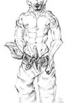  anthro belt canine cbrn_hyena clothing erection fur male mammal muscular pants penis simple_background solo standing tongue traditional_media_(artwork) white_background 