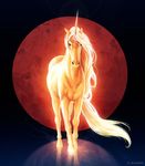  abstract_background ambiguous_gender blood_moon brown_eyes detailed_background equine feral fur hair hooves horn jojoesart looking_at_viewer mammal reflection solo standing unicorn white_hair yellow_fur 