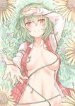  arm_up blush breasts breasts_apart closed_mouth flower from_above green_hair hair_between_eyes highres kazami_yuuka large_breasts looking_at_viewer lying medium_hair navel no_bra outstretched_arm petals plaid plaid_vest reaching_out red_eyes shirt smile solo sunflower touhou upper_body vest white_shirt yukishiro_arute 