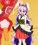  :d animal_ears blush breasts bunny_ears bunny_tail commentary_request dress feet_out_of_frame food haruirokomici japanese_clothes kimono kimono_skirt kine long_hair looking_at_viewer mochi open_mouth purple_hair red_eyes reisen_udongein_inaba sleeves_past_wrists small_breasts smile solo tail touhou very_long_hair wagashi wide_sleeves 