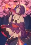  1girl absurdres arm_support bare_shoulders black_gloves breasts cherry_blossoms commentary_request cup eyelashes eyeshadow fate/grand_order fate_(series) feet_out_of_frame fingerless_gloves gloves grin hand_up headpiece highres holding holding_cup ibuki_notsu japanese_clothes kimono lantern long_sleeves looking_at_viewer makeup obi off_shoulder oni oni_horns paper_lantern purple_eyes purple_hair purple_kimono red_sash revealing_clothes rock sakazuki sash short_hair short_kimono shuten_douji_(fate/grand_order) sitting small_breasts smile solo thighhighs thighs tree wide_sleeves 