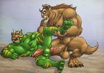  absurd_res anal anthro armor balls battle_cat beast_(disney) beauty_and_the_beast big_penis blue_eyes claws cringer disney duo feline fur furryrevolution green_fur helmet hi_res horn male male/male mammal masters_of_the_universe monster muscular nude open_mouth penis stripes tusks 