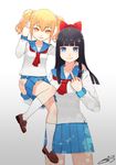  black_hair blue_eyes blue_skirt bow brown_eyes brown_footwear brown_hair carrying dated hair_bow long_hair middle_finger multiple_girls pipimi poptepipic popuko red_bow school_uniform short_twintails skirt smile ssalbaram standing twintails white_legwear 
