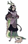  animal_humanoid antlers armor belt black_hair boots braided_hair clothed clothing colored_nails countershading dragon dragon_humanoid eastern_dragon fangs female footwear front_view fully_clothed fur green_eyes green_scales hair hand_on_hip horn humanoid juanmao1997 long_hair looking_at_viewer pants scales scalie shirt simple_background solo standing tan_fur white_background yellow_countershading 
