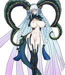  absurdly_long_hair blue_hair blue_legwear blush braid breasts chain closed_mouth commentary_request curled_horns eyebrows_visible_through_hair fate/grand_order fate_(series) feet_out_of_frame gradient_hair hair_between_eyes hands_on_own_face heart heart-shaped_pupils highres horns large_breasts legs_together long_hair looking_at_viewer multicolored_hair navel nipples pink_hair simple_background smile solo srui standing symbol-shaped_pupils tail tattoo thighhighs tiamat_(fate/grand_order) very_long_hair white_background yandere_trance 