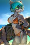 2018 5_fingers anthro beach big_eyes bikini blue_background bra breasts cleavage clothed clothing cloud countershade_torso countershading ear_piercing fangs female fin fin_piercing fingernails fish furgonomics furry-specific_piercing green_eyes hair hi_res invalid_tag macmegagerc marine markings midriff multicolored_skin navel piercing sapphire sapphire_(disambiguation) seaside shark sharp_teeth simple_background smile solo standing surfboard swimsuit tail_piercing teal_hair teeth underwear white_countershading wristband 