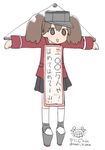  bangs brown_hair commentary crucifixion empty_eyes full_body hanging_scroll hat jacket kantai_collection long_sleeves looking_at_viewer peaked_cap peko platform_footwear pleated_skirt red_jacket ryuujou_(kantai_collection) scroll signature simple_background skirt socks solo translated triangle_mouth twintails twitter_username white_background white_legwear 