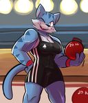  2018 4_fingers anthro armband blue_fur breasts cleavage clothed clothing digital_media_(artwork) exercise feline female fur gabbah gym leotard looking_at_viewer maltese_tiger mammal muscular one_eye_closed solo standing striped_fur stripes ti tiger weightlifting wink workout yin_yang_yo 